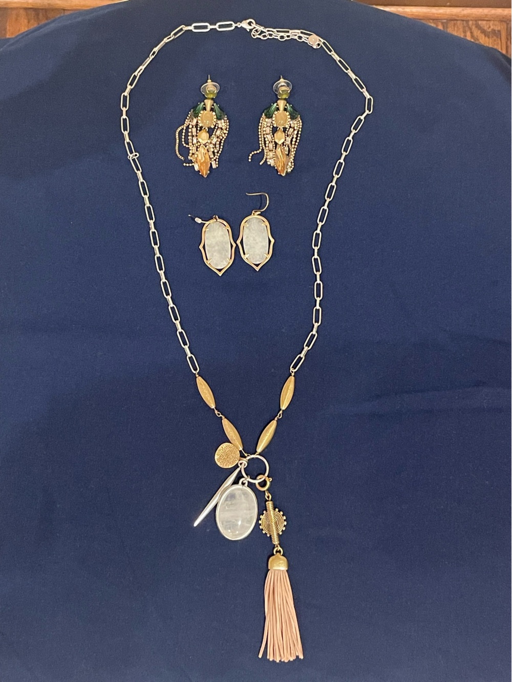 Stella & Dot Gold Tassel Necklace w suede Tassel & charms. 2 pair earrings
